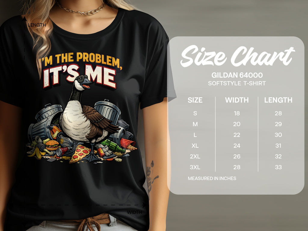 Black t-shirt with goose and trash graphic, with size chart on the right.
