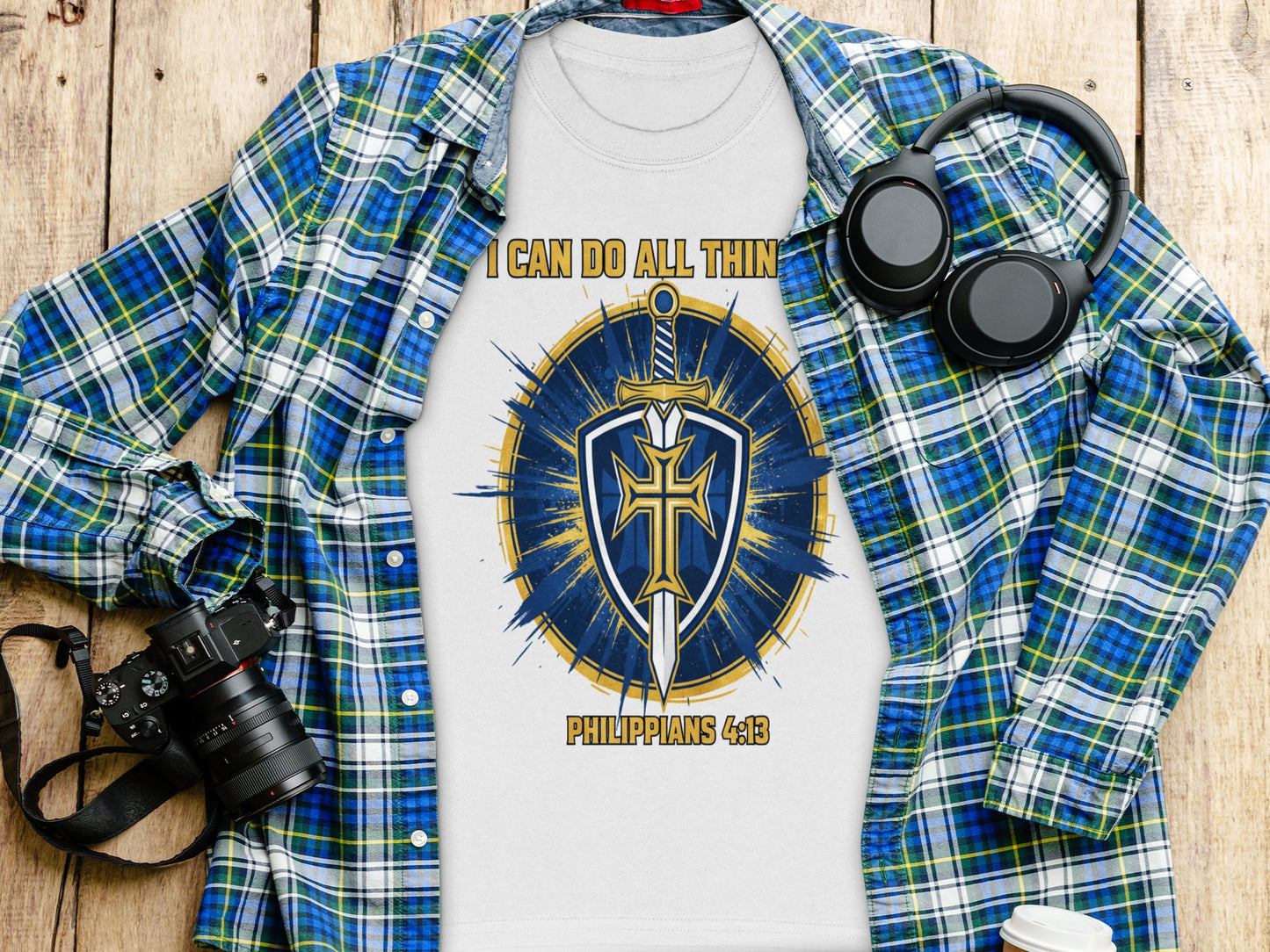 White t-shirt with "I can do all thin" and Philippians 4:13, sword and shield graphic.