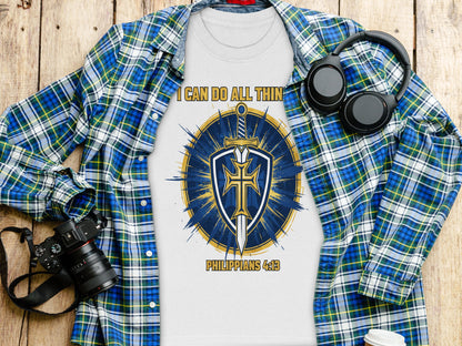 White t-shirt with "I can do all thin" and Philippians 4:13, sword and shield graphic.