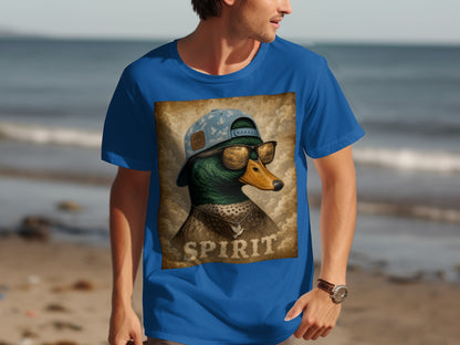 Dressed duck with sunglasses and baseball cap on blue t-shirt, text "SPIRIT" below.
