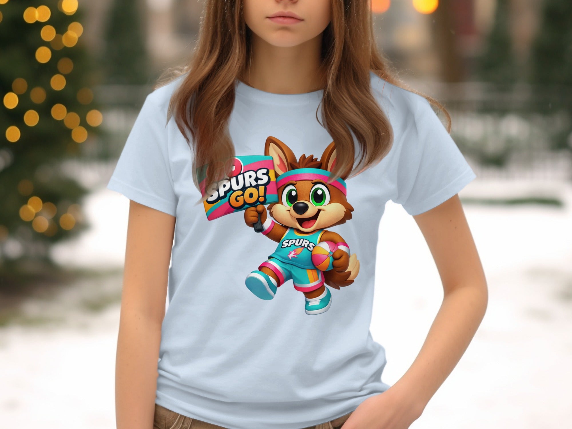Cartoon fox mascot wearing spurs basketball uniform holding "SPURS GO!" sign.