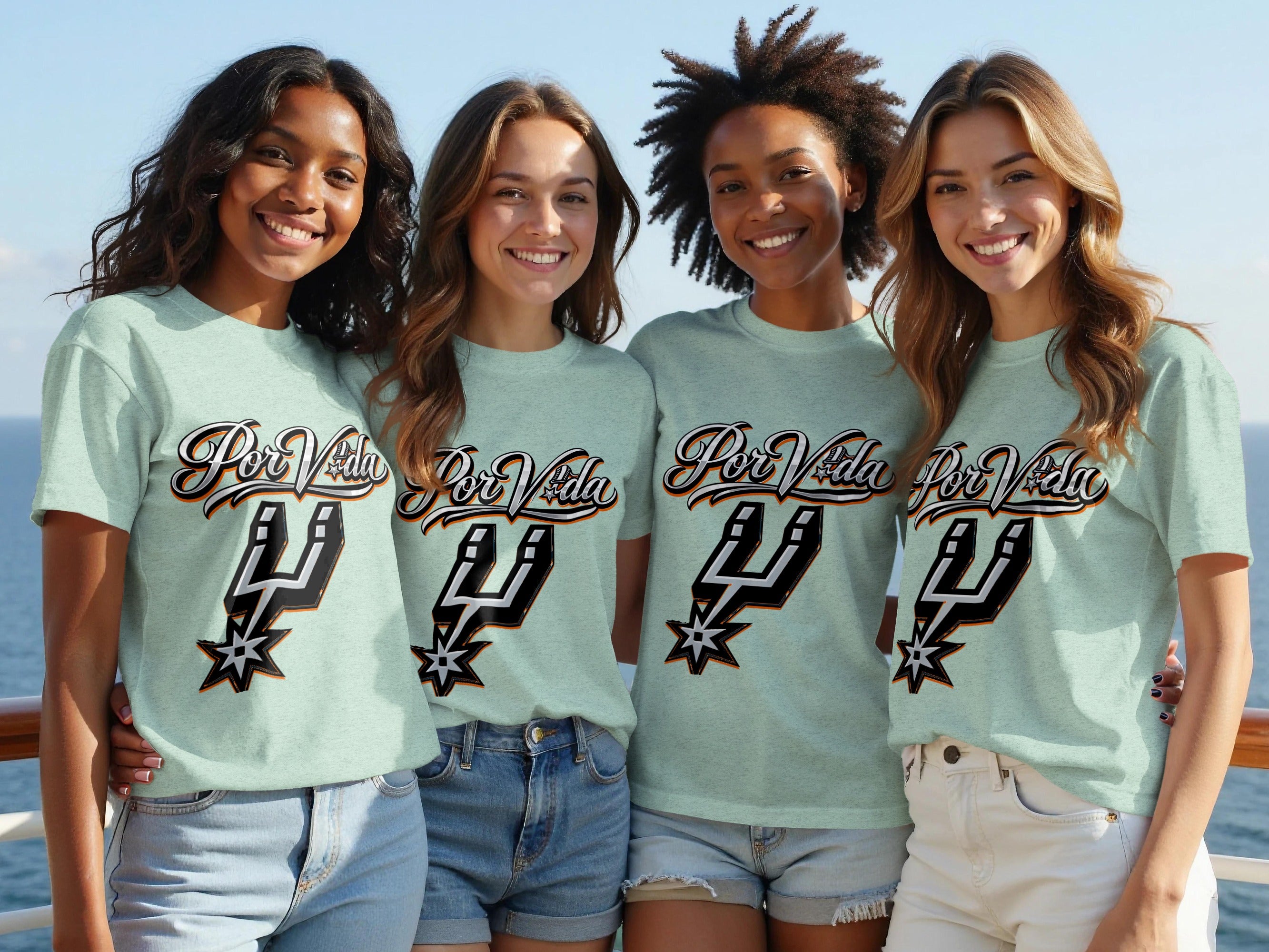 Four smiling women wear light-colored t-shirts with "Por Vida" and a black spur logo.