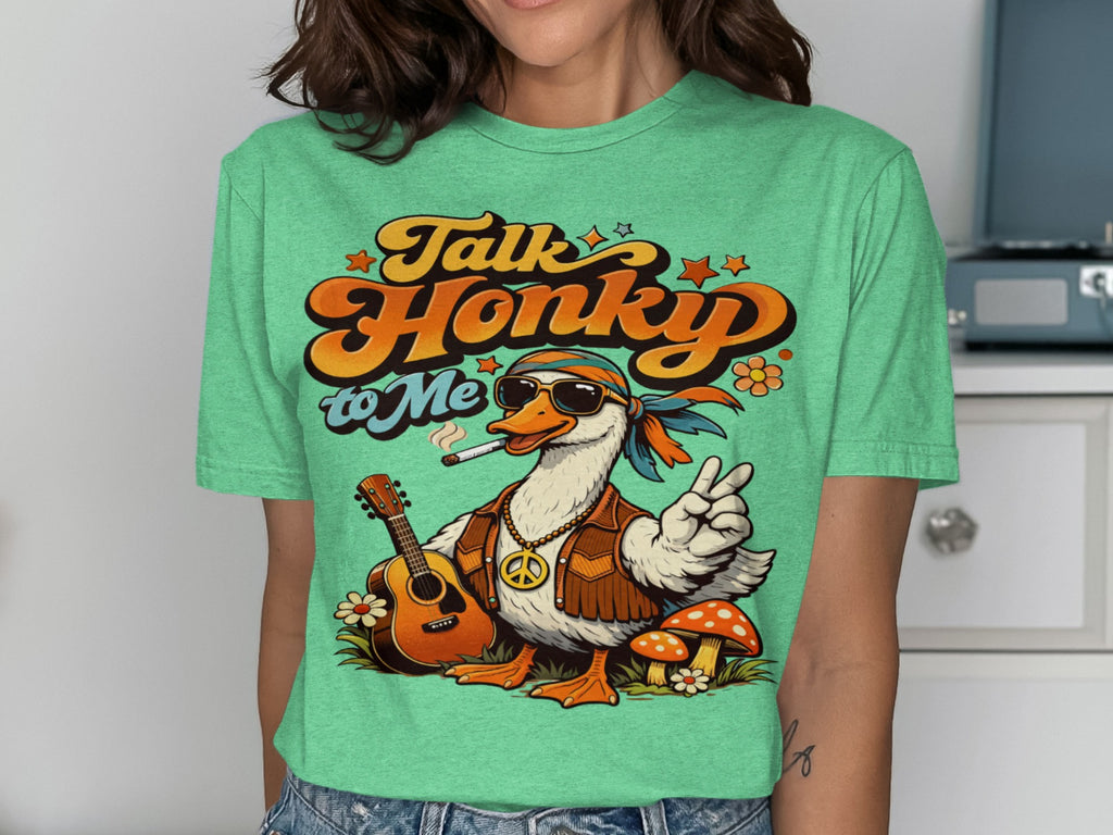 Duck wearing sunglasses, vest, and peace sign necklace, holding a guitar with "Talk Honky to Me" text.