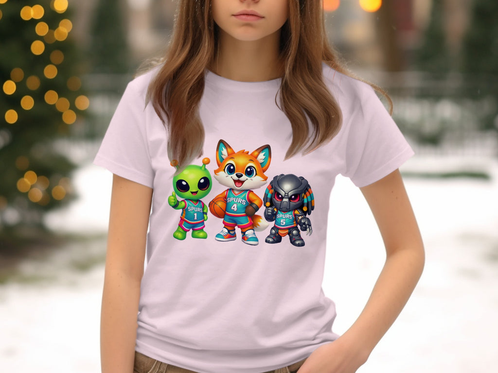 Cartoon characters: alien, fox wearing San Antonio Spurs jerseys 1, 4, 5.