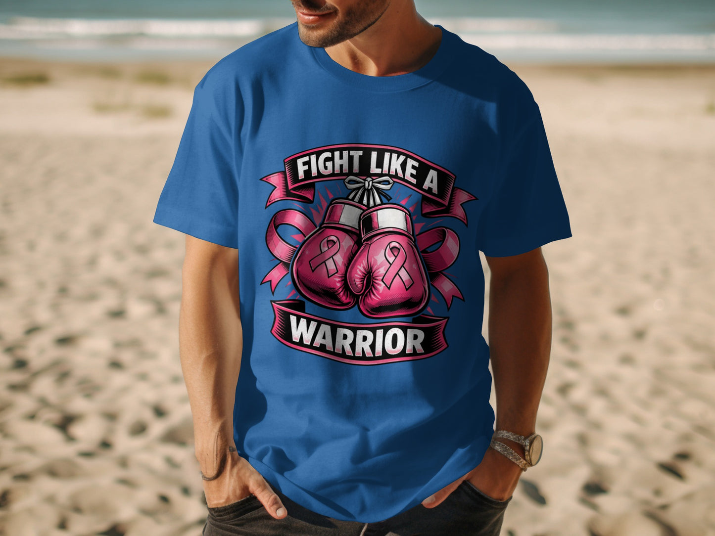 Blue t-shirt with pink boxing gloves and "Fight like a Warrior" text.