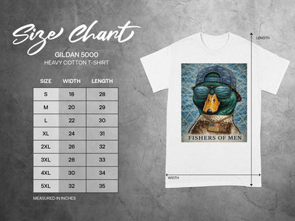 Gildan 5000 t-shirt size chart with duck graphic and "Fishers of Men" text.