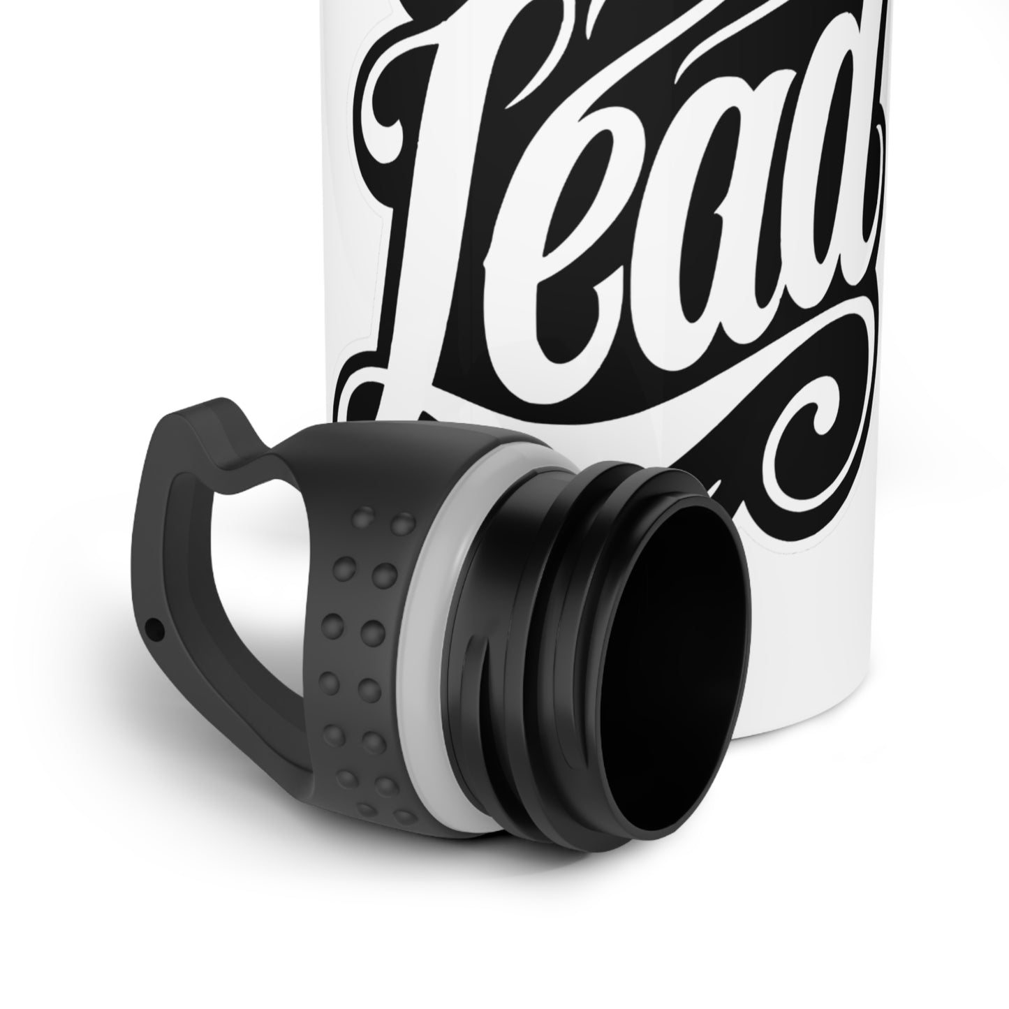 White water bottle with black "Lead" text and detached black cap.