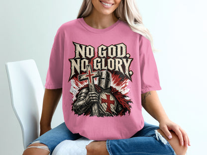 Pink t-shirt with "NO GOD. NO GLORY." and knight with cross motif.