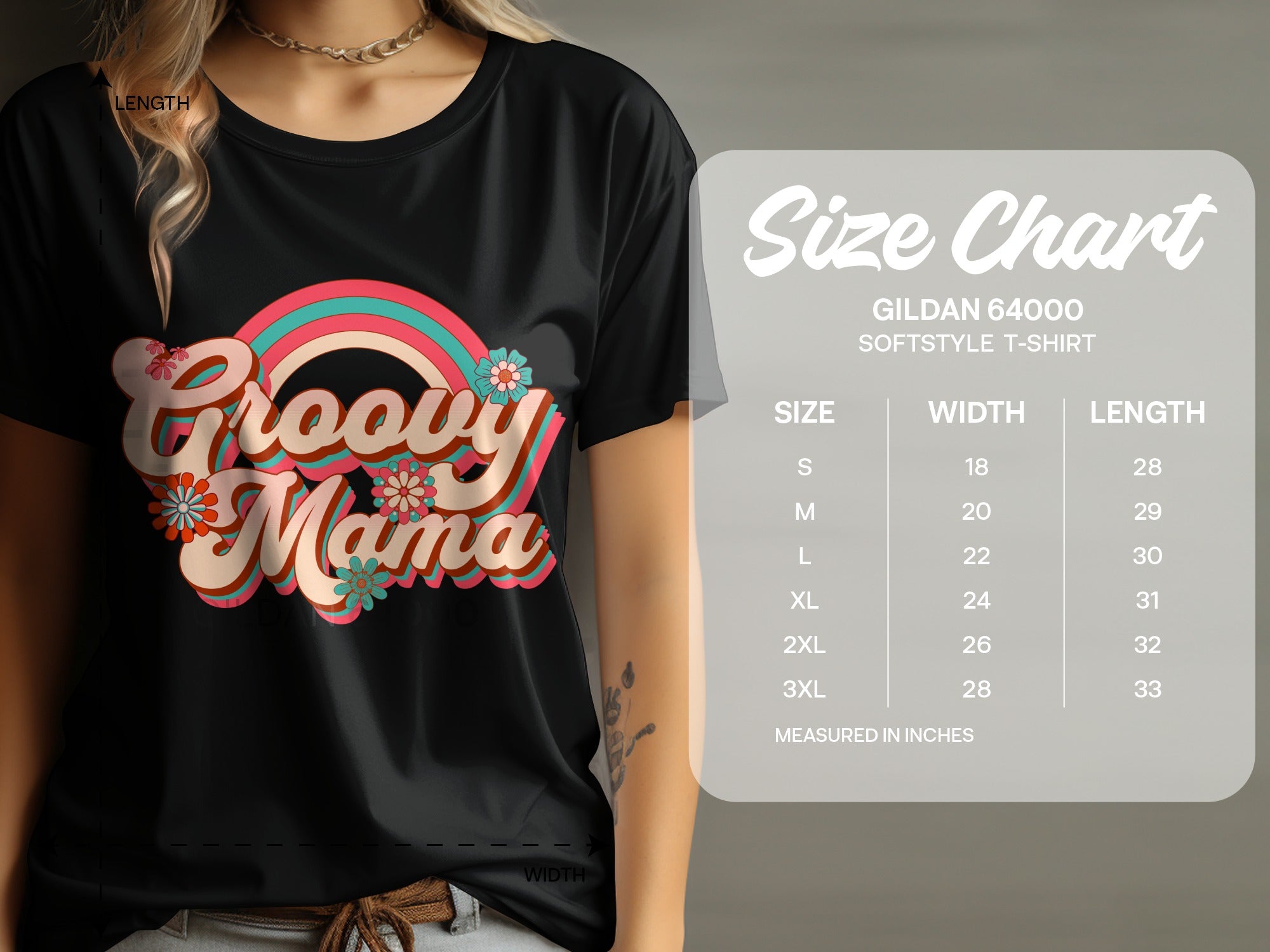 Black t-shirt with "Groovy Mama" text and size chart.