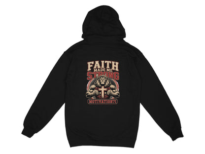 Black hoodie with a muscular lion wearing a cross and text "FAITH MADE ME STRONG".