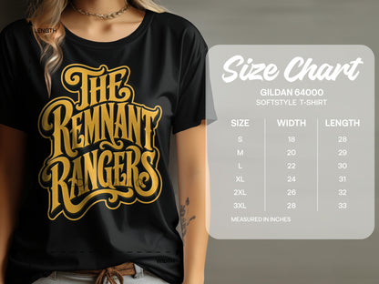 Black t-shirt with "The Remnant Rangers" graphic and Gildan softstyle t-shirt size chart.