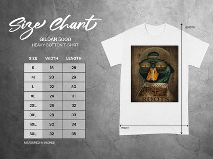 Gildan 5000 heavy cotton t-shirt size chart with measurements in inches.