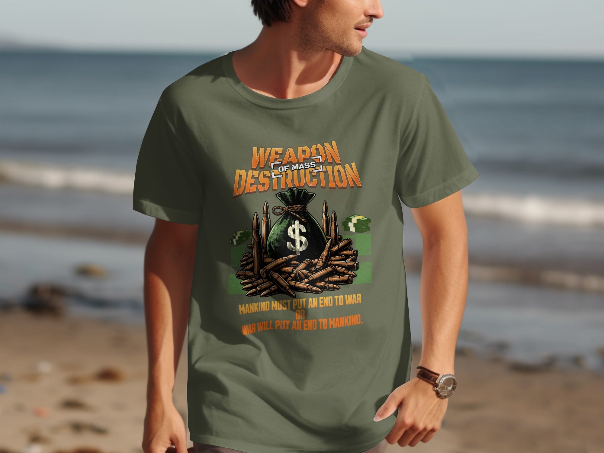 Green t-shirt with "Weapon of Mass Destruction", money bag, bullets, and text.