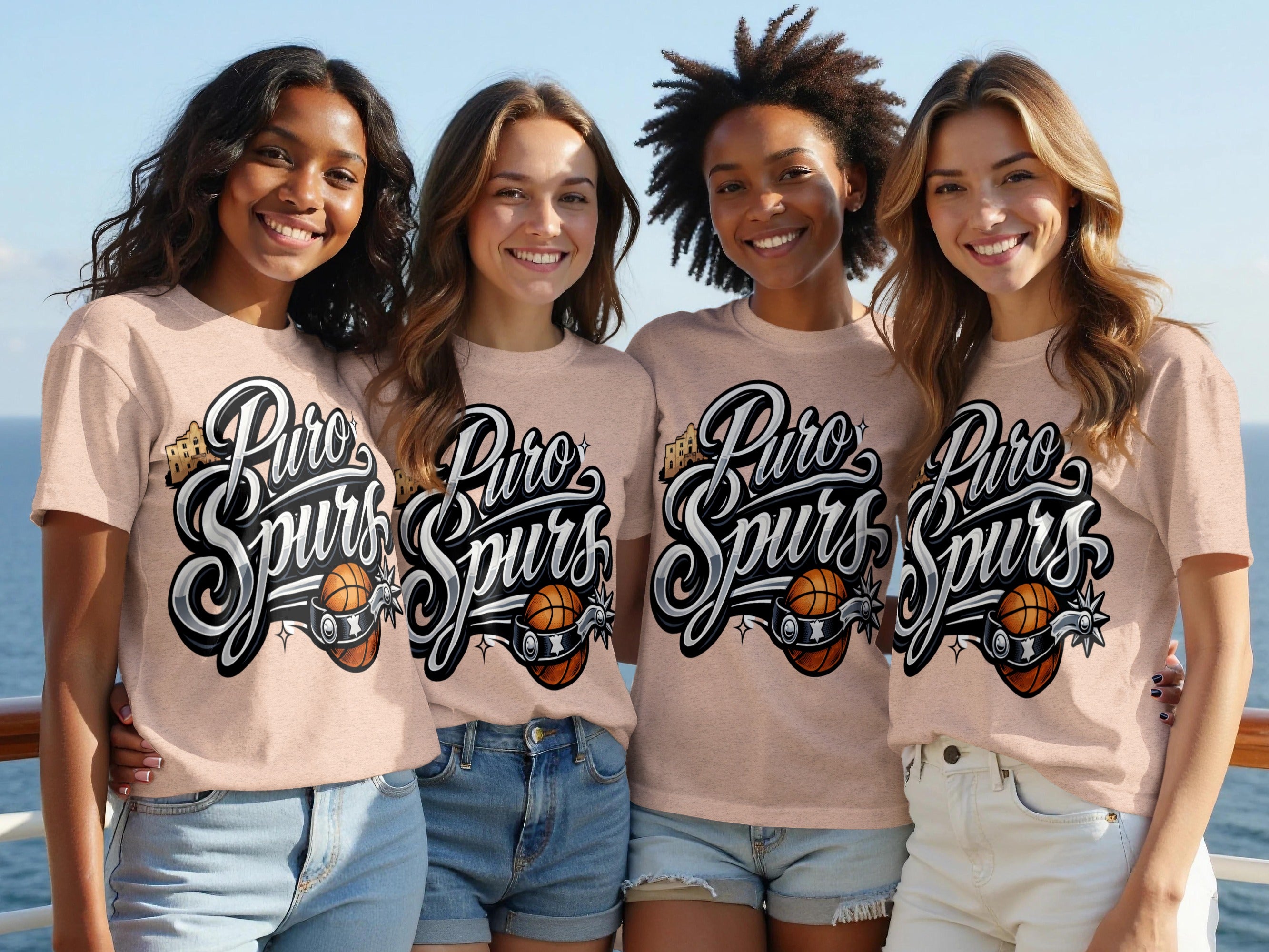 Four women wear matching peach t-shirts with "Puro Spurs" and a basketball logo.