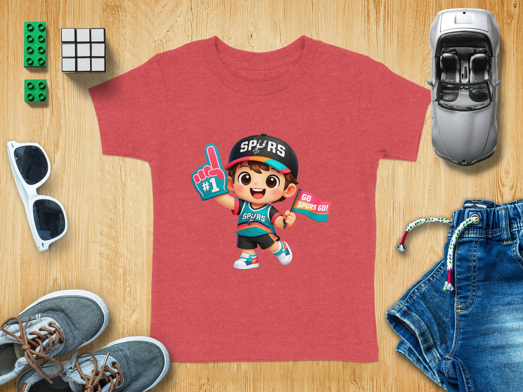 Red t-shirt with Spurs graphic of a cheering cartoon child holding a "#1" foam finger and flag.