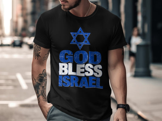 Black t-shirt with blue Star of David and text "GOD BLESS ISRAEL".