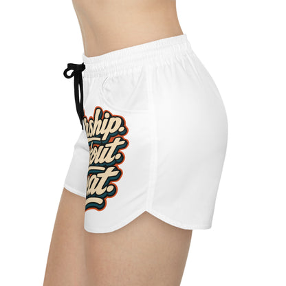 White athletic shorts with black drawstring and "Relationship Goals" text.