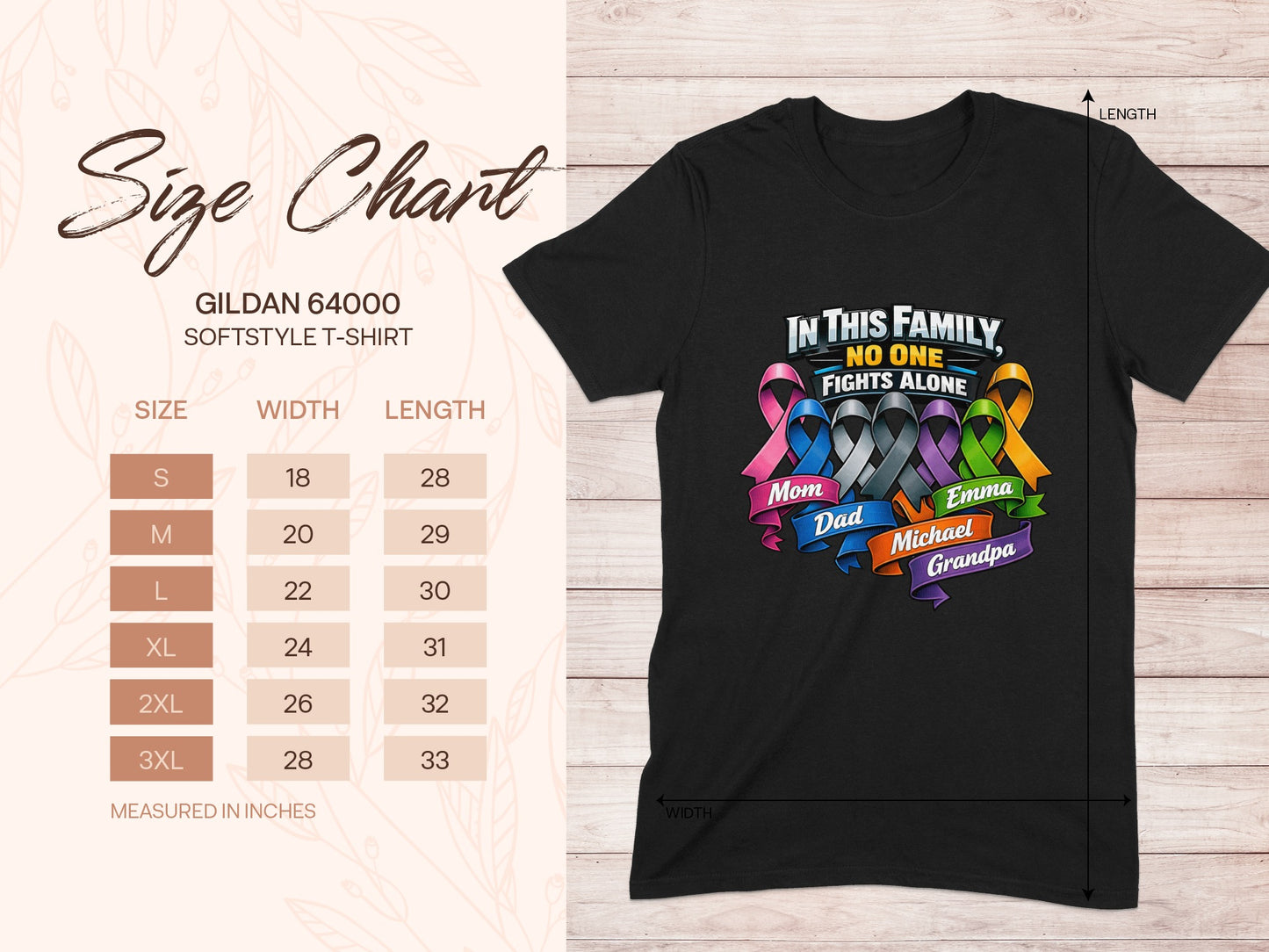 Black Gildan Softstyle t-shirt with family cancer ribbon design and size chart.