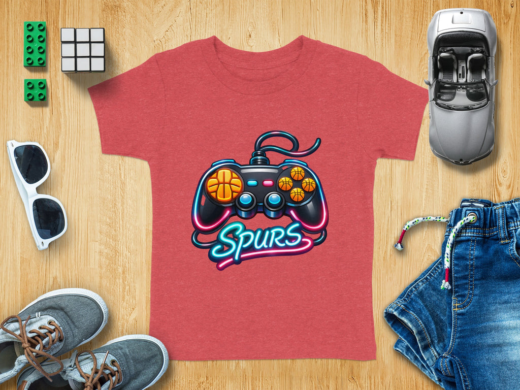Red t-shirt with neon gaming controller graphic and "Spurs" text.