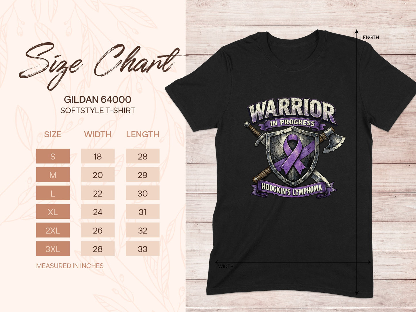 Black t-shirt with "Warrior in Progress Hodgkin's Lymphoma" graphic and size chart.