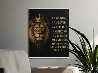 Lion with crown and text stating "I am God's. I am loved. I am forgiven."