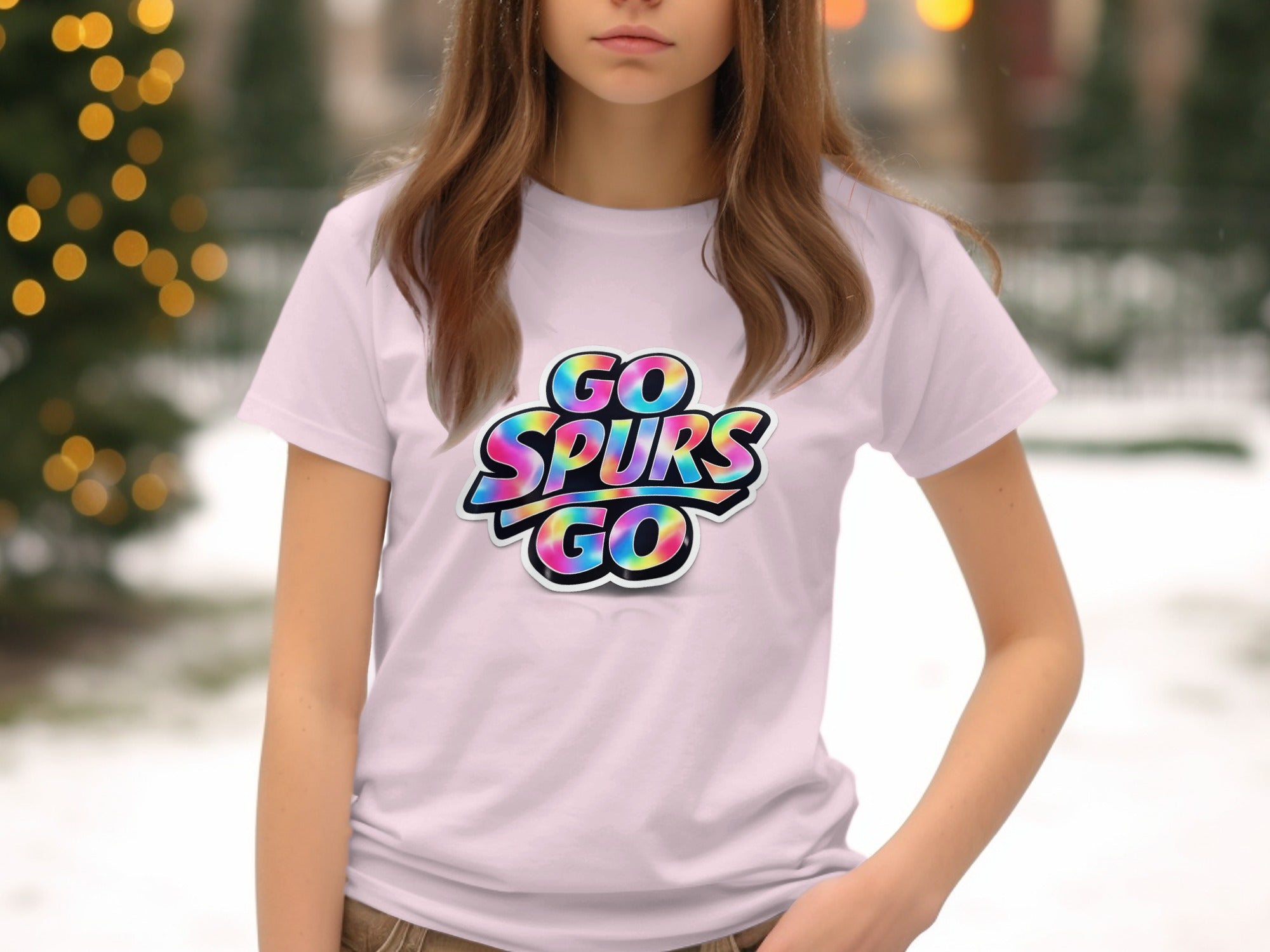 White t-shirt with "GO SPURS GO" logo in rainbow tie-dye font.