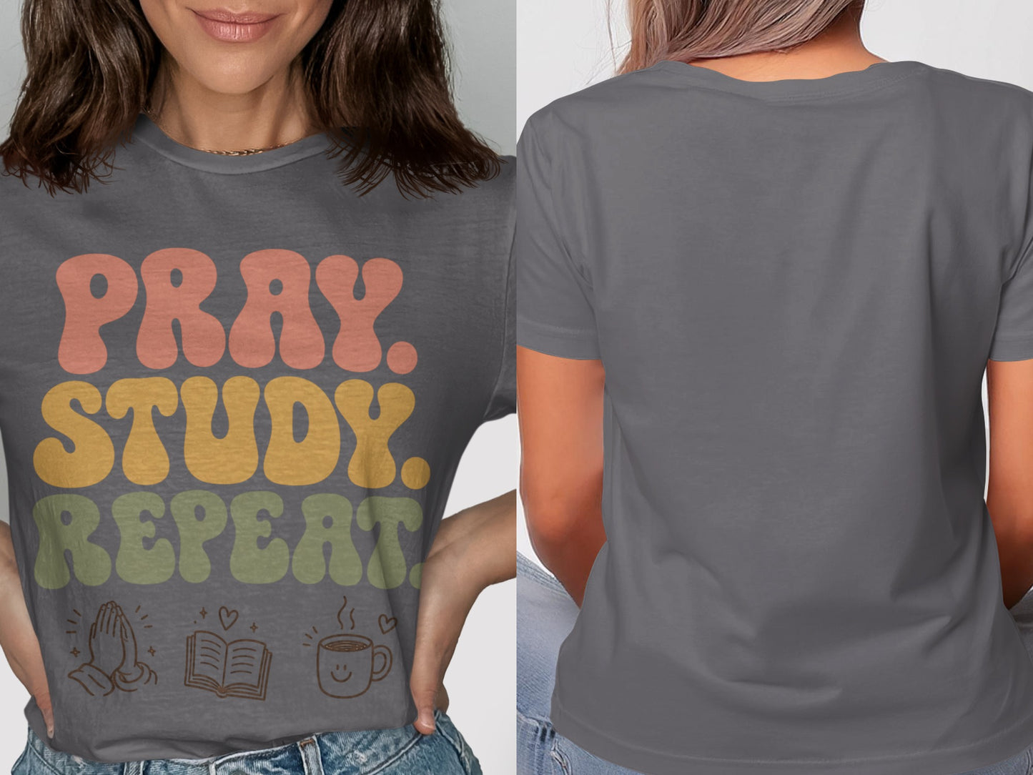 Gray t-shirt with "Pray. Study. Repeat." text and small icons.