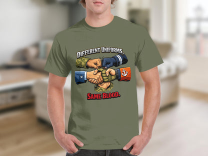 T-shirt graphic: different uniforms, same blood text over interlocked hands.