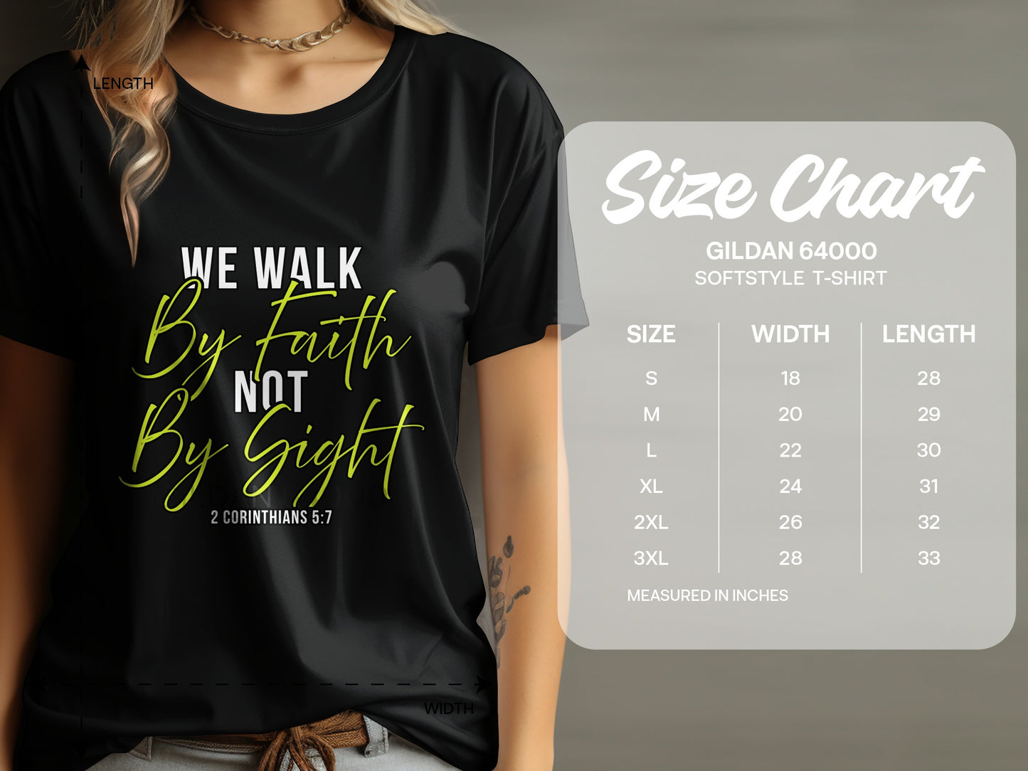 Black Gildan t-shirt with "We Walk By Faith Not By Sight" and Bible verse and size chart.