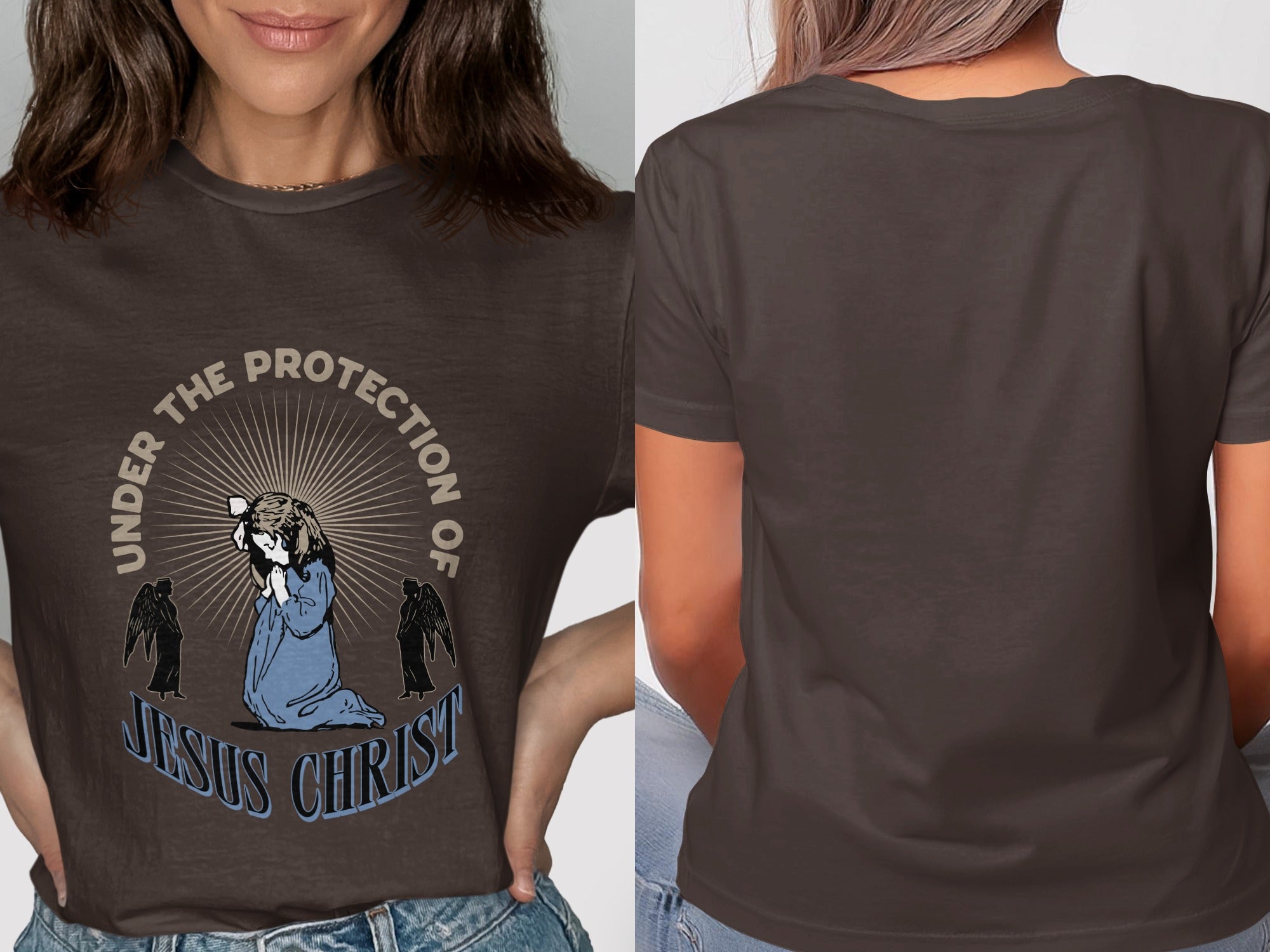 T-shirt chest graphic of kneeling figure, angels, and text: "Under the Protection of Jesus Christ."