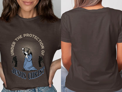 T-shirt chest graphic of kneeling figure, angels, and text: "Under the Protection of Jesus Christ."