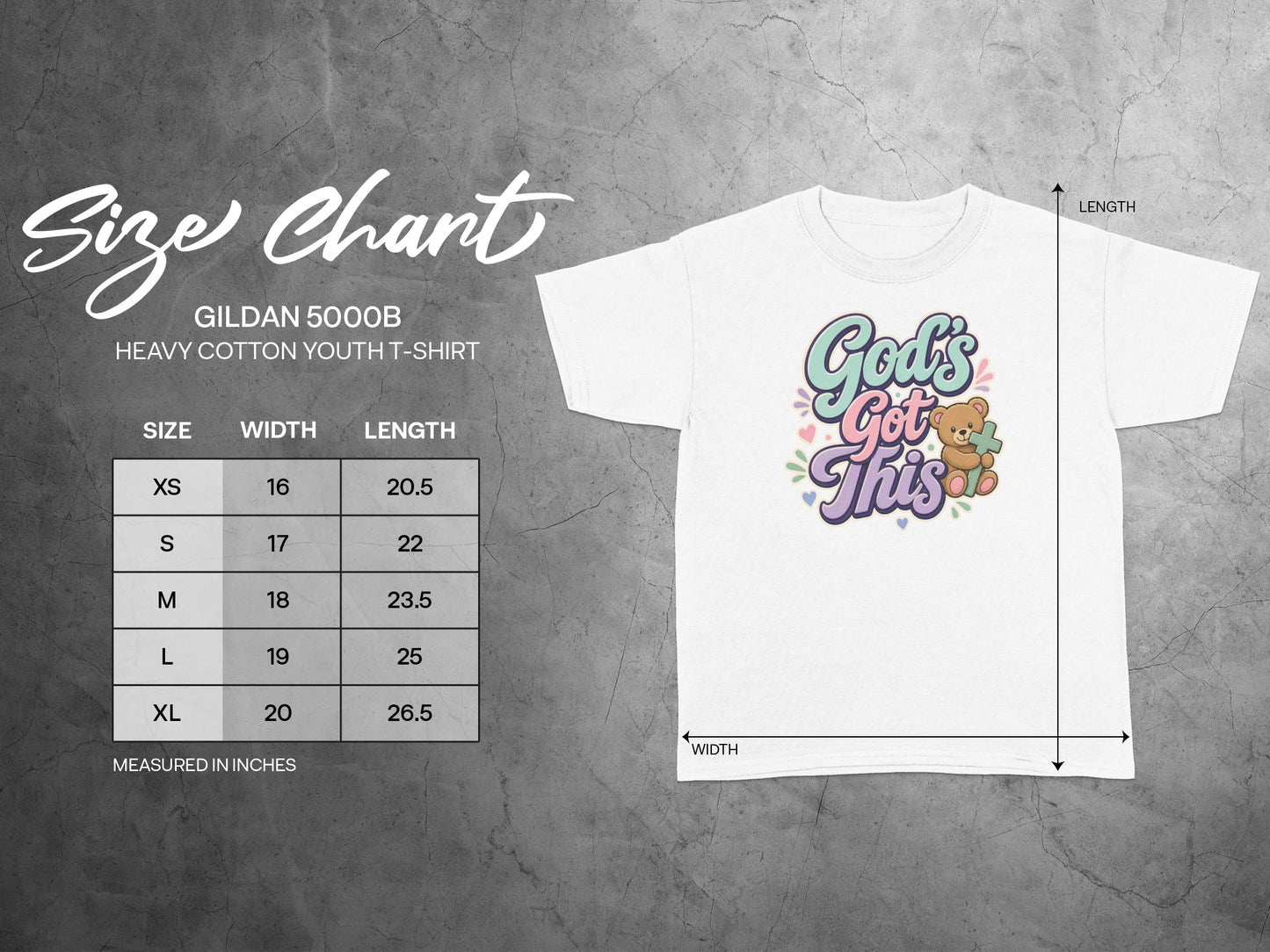 Gildan 5000B youth t-shirt size chart with measurements for width and length.