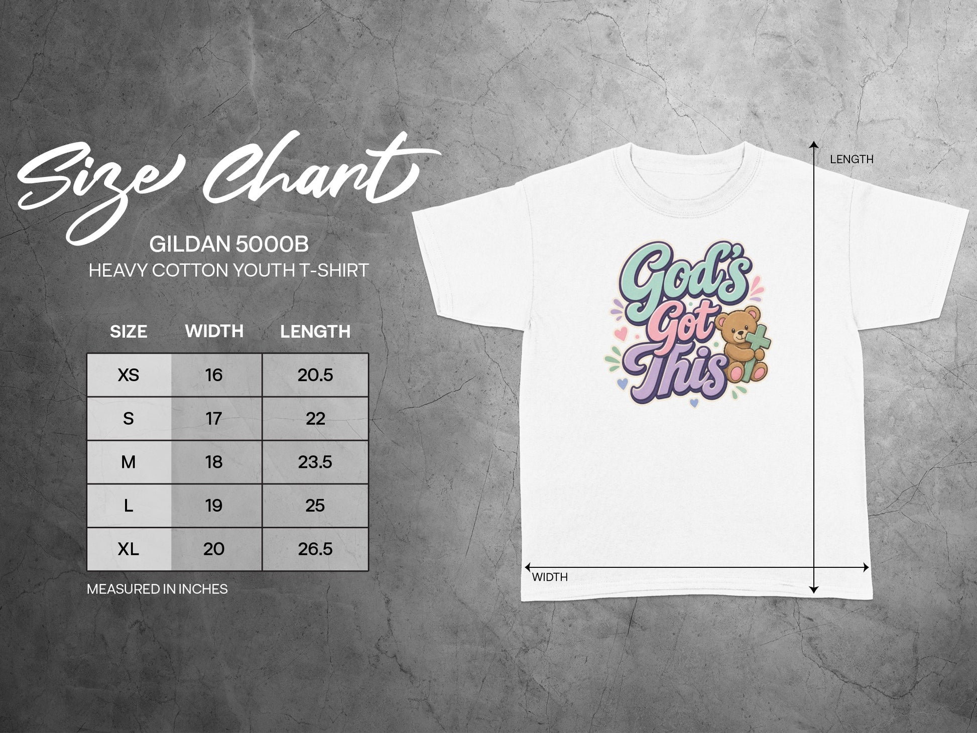 Gildan 5000B youth t-shirt size chart with measurements for width and length.