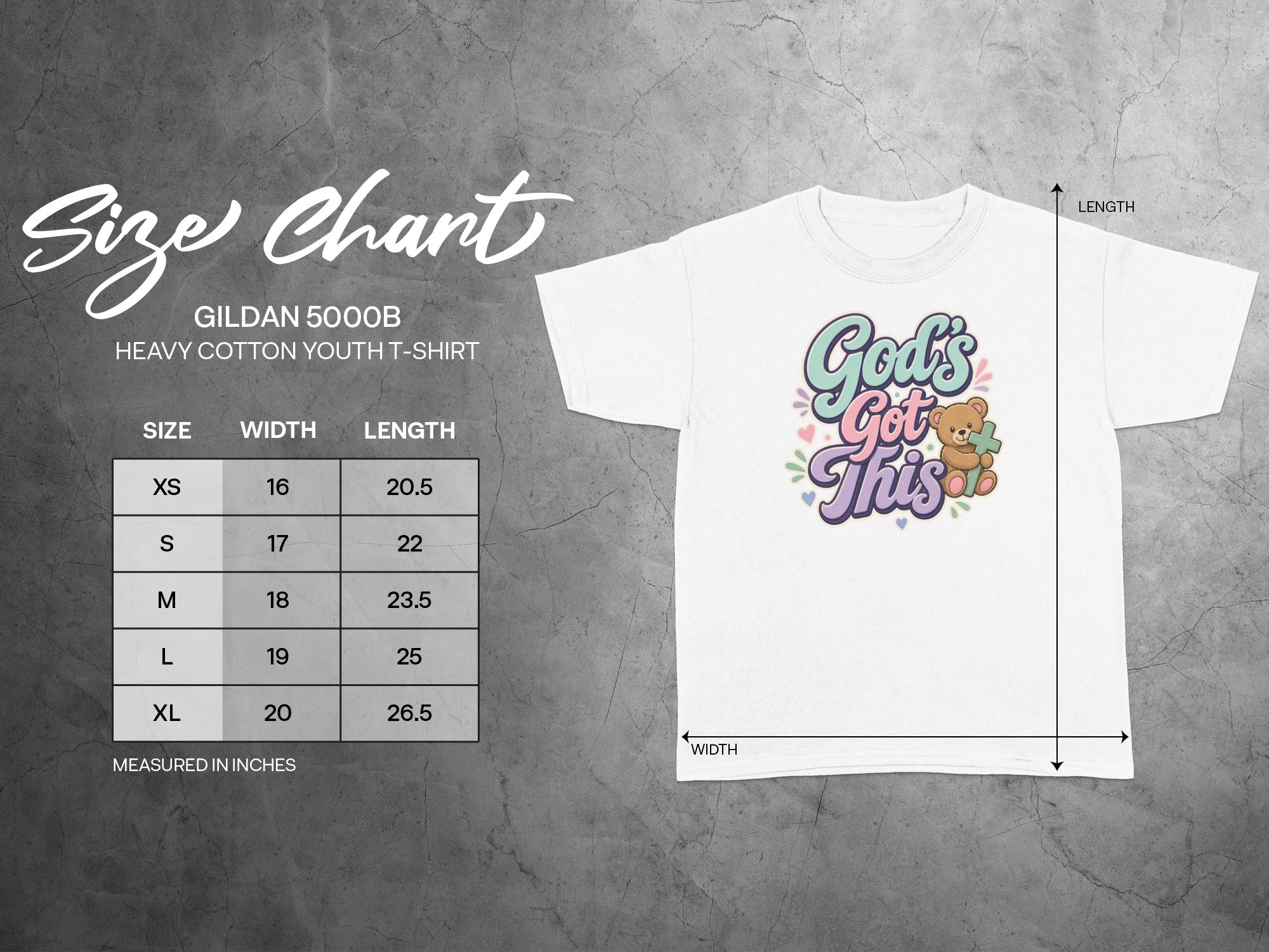 Gildan 5000B youth t-shirt size chart with measurements for width and length.