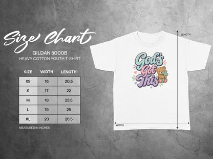Gildan 5000B youth t-shirt size chart with measurements for width and length.