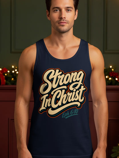Tank top with "Strong In Christ" text and "Eph 6:10" scripture reference.