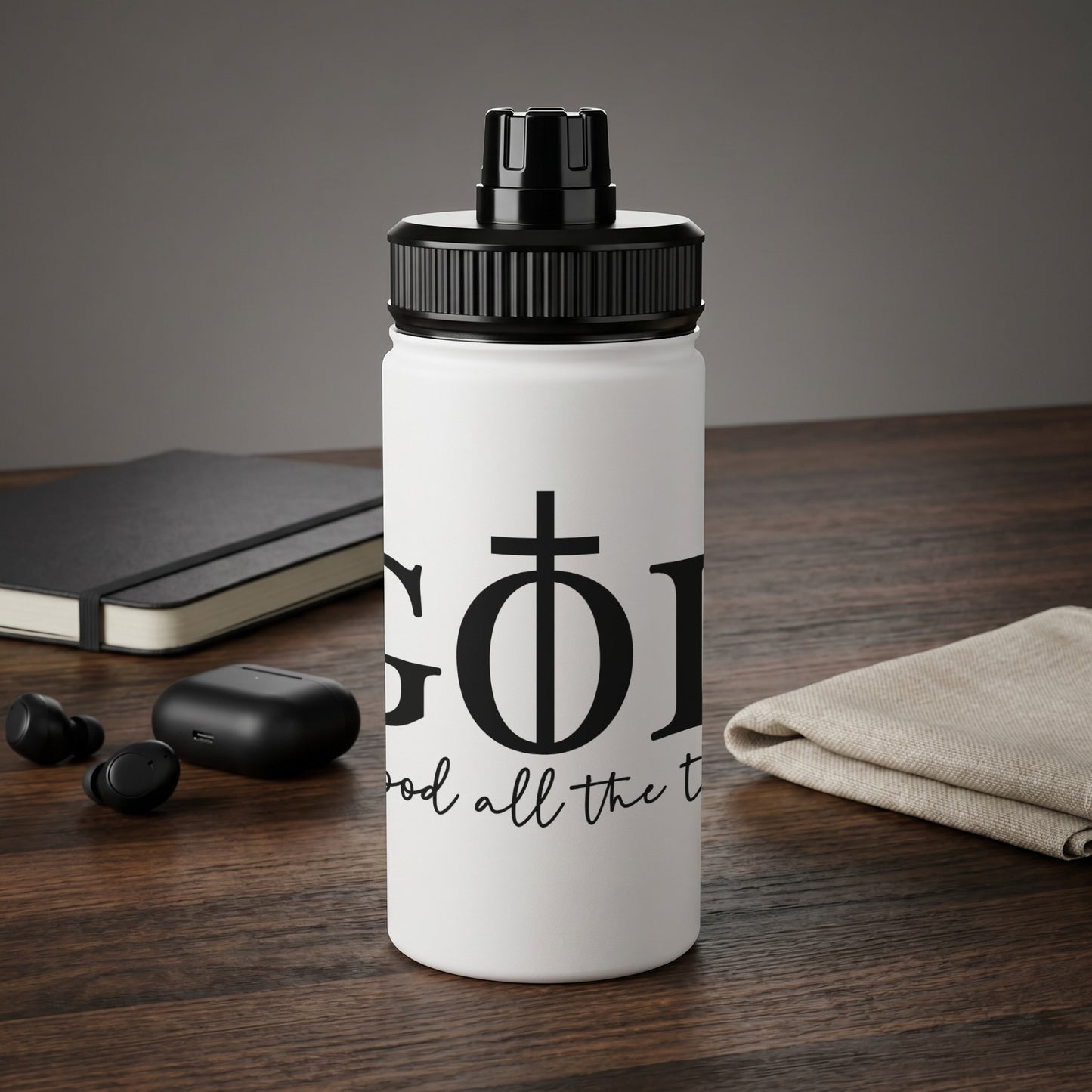 White water bottle with black lid featuring "God all the time" text and a cross symbol.