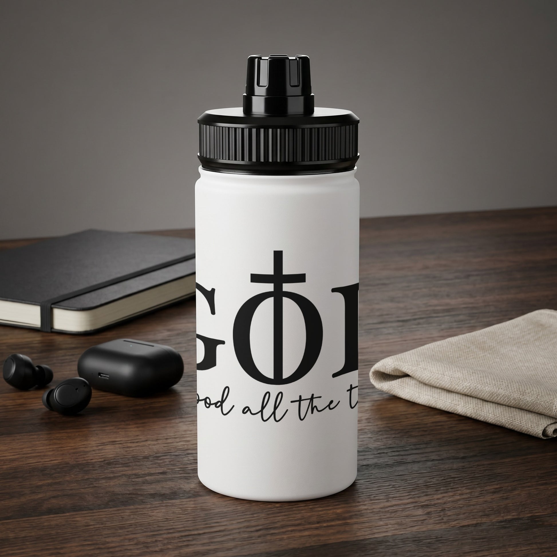 White water bottle with black lid featuring "God all the time" text and a cross symbol.