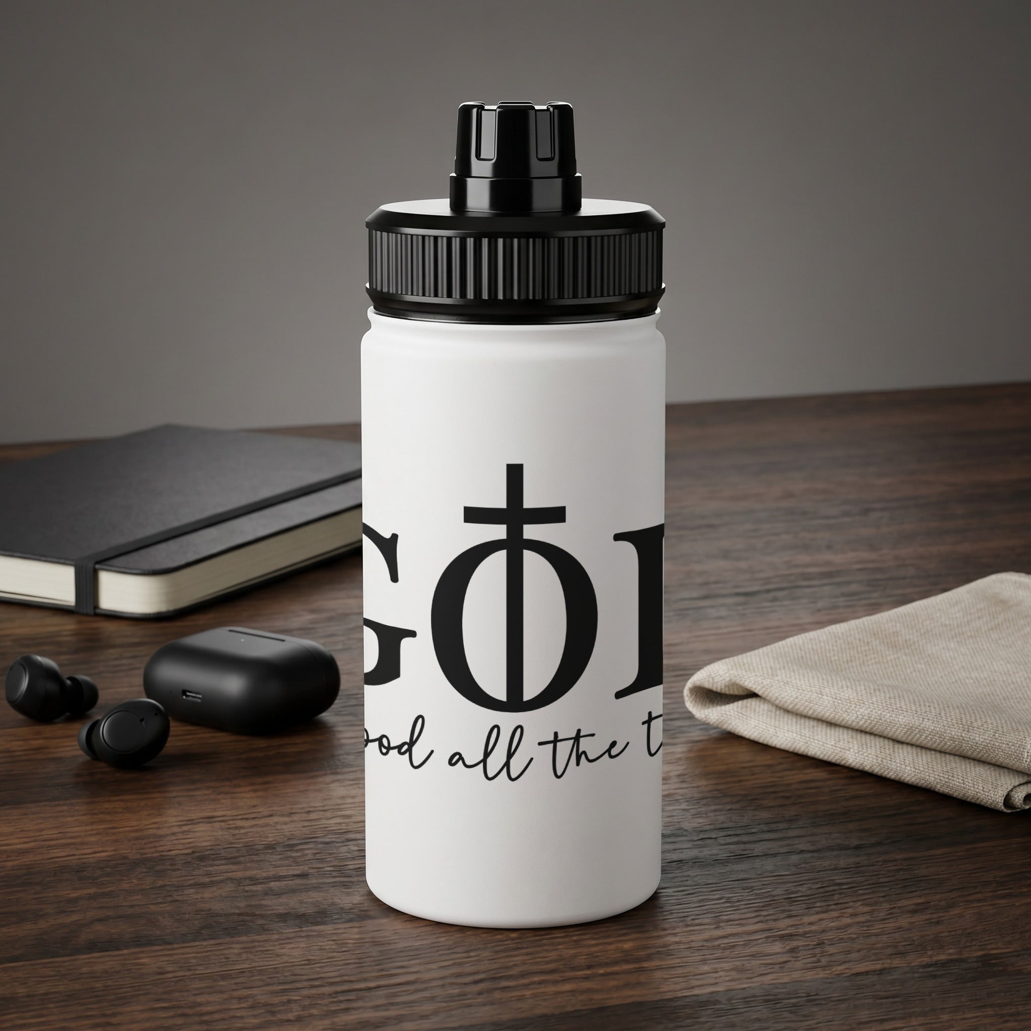 White water bottle with black lid featuring "God all the time" text and a cross symbol.
