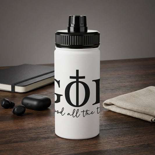 White water bottle with black lid featuring "God all the time" text and a cross symbol.