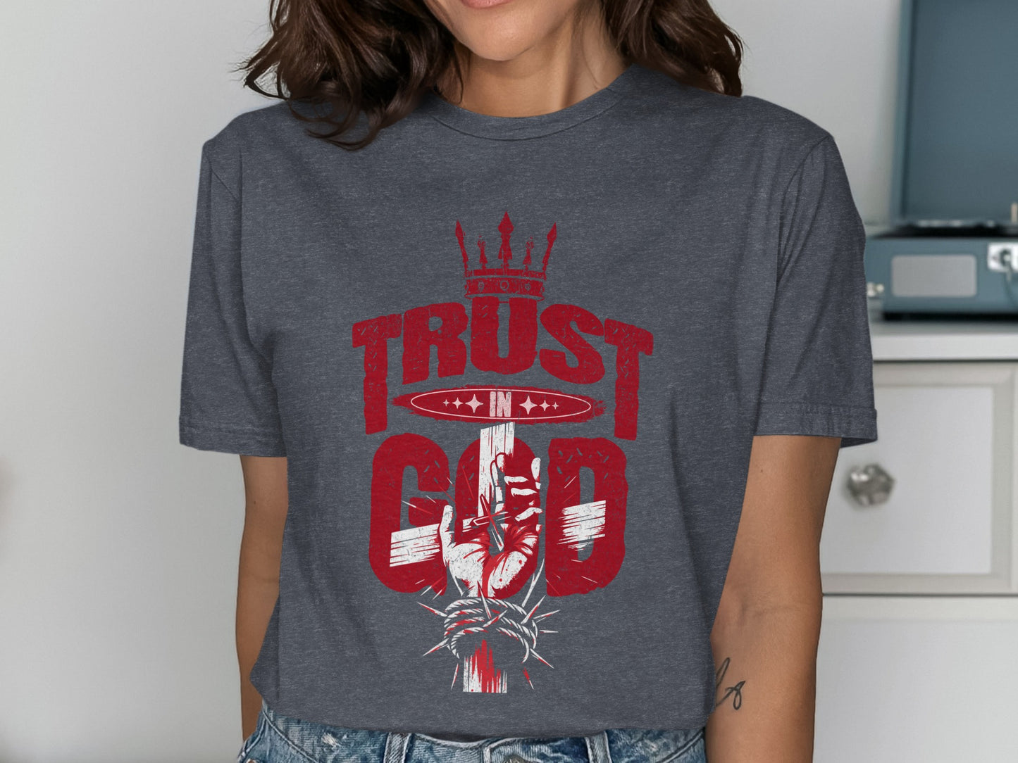Dark grey t-shirt with distressed red graphic of a crown and "TRUST IN GOD" text.