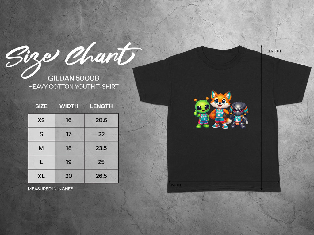 Size chart for Gildan 5000B youth t-shirt with character graphic.