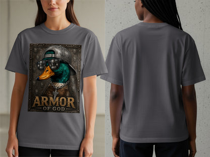 Gray t-shirt with a duck wearing sunglasses and a hat, text "ARMOR OF GOD".