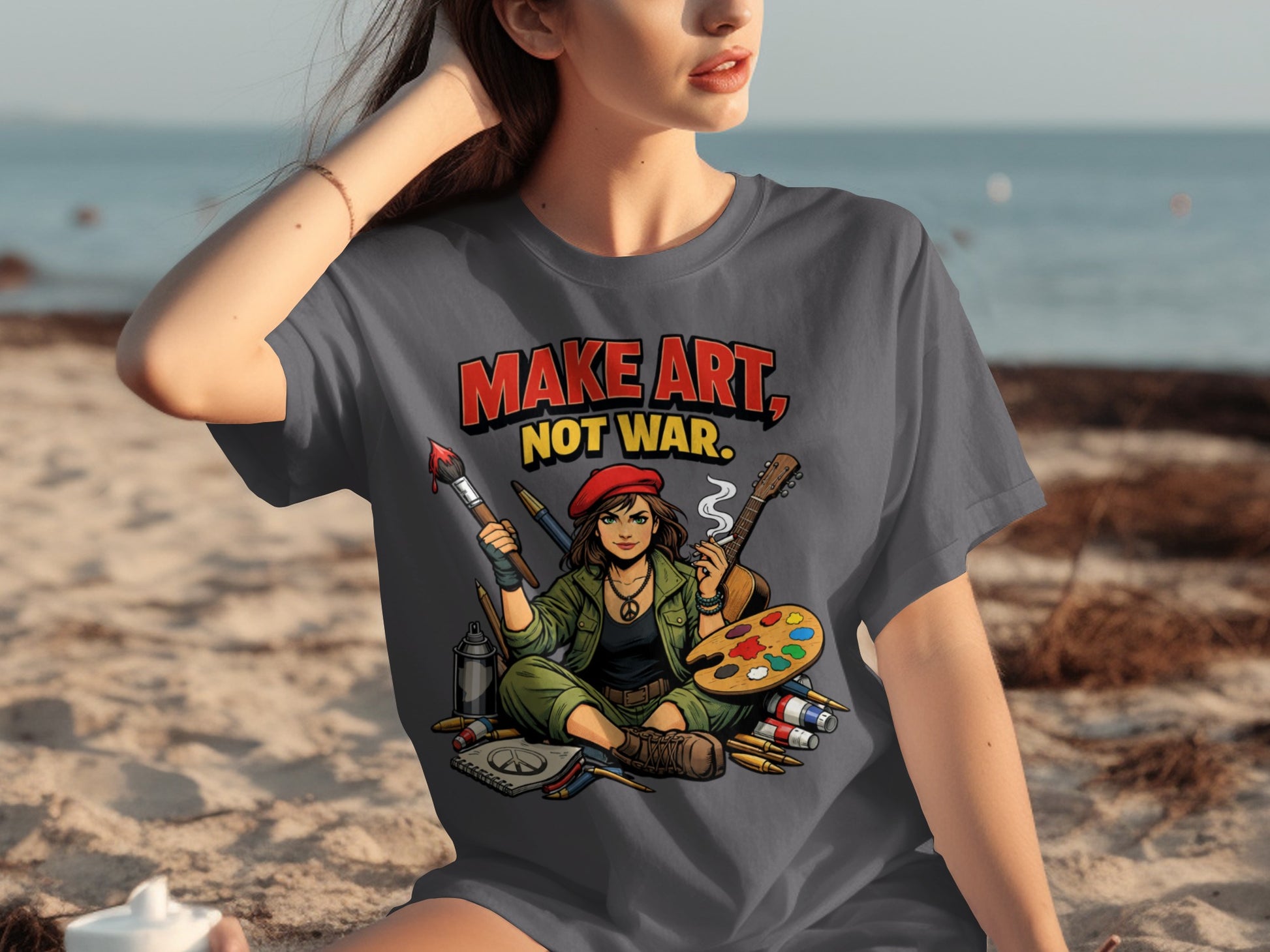 Graphic tee with "Make Art, Not War" text and illustrated artist with art supplies.