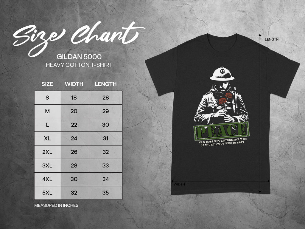 Gildan 5000 heavy cotton t-shirt with peace graphic and size chart.