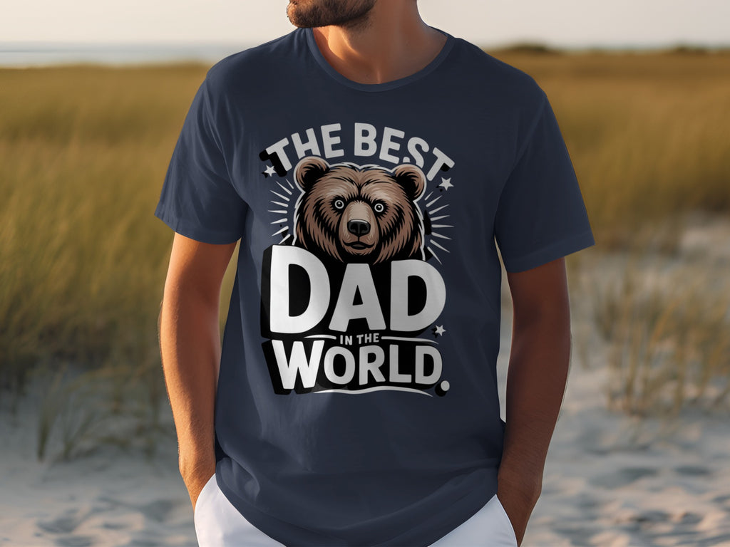 Navy t-shirt with bear graphic and text "The Best Dad In The World."