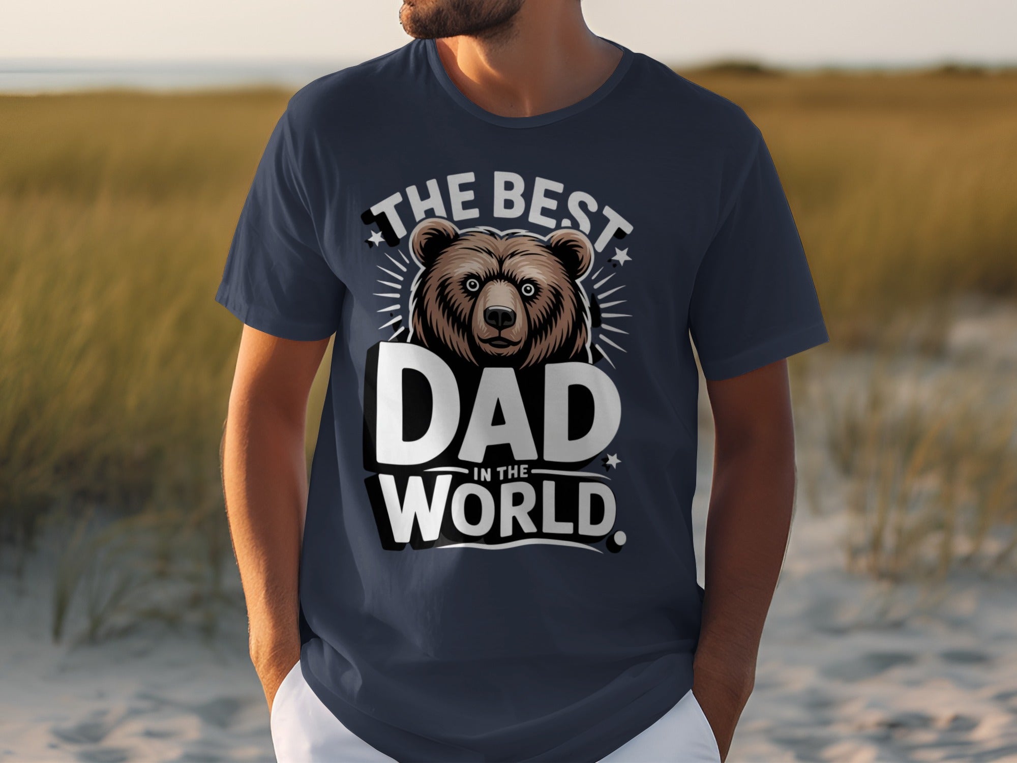 Navy t-shirt with bear graphic and text "The Best Dad In The World."