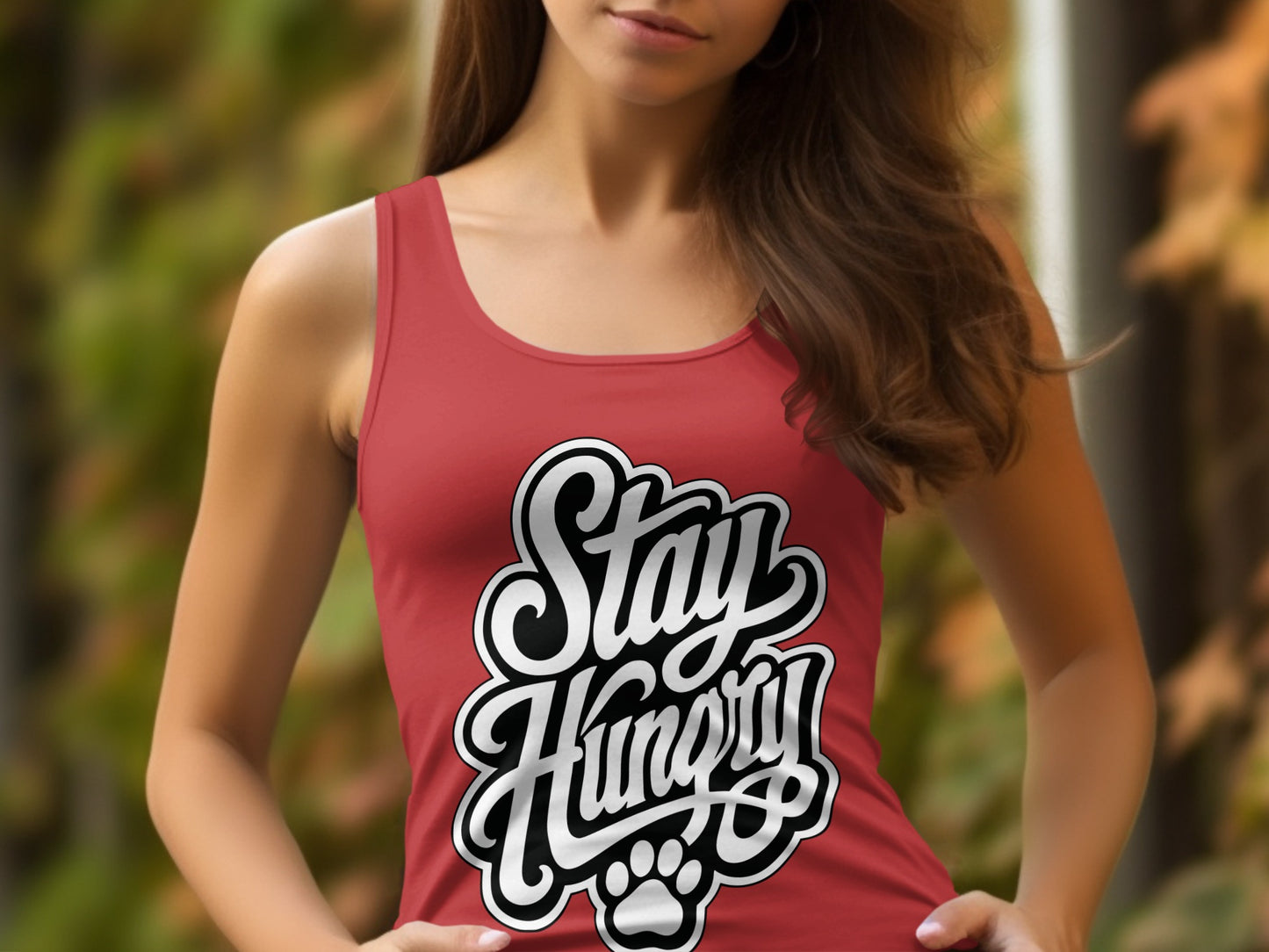 Red tank top with "Stay Hungry" and a paw print graphic.