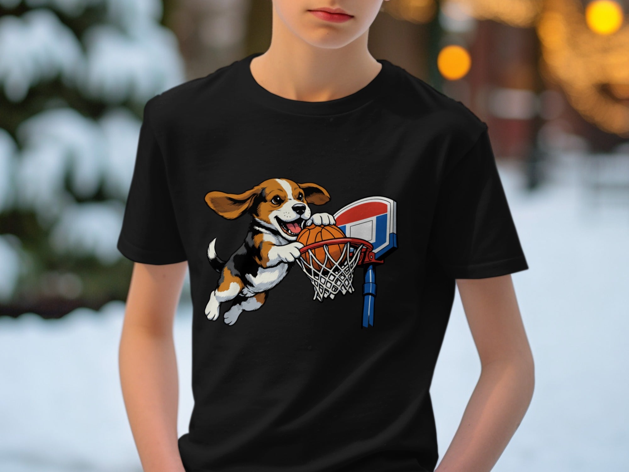 Beagle dog jumping with basketball over hoop on black t-shirt.