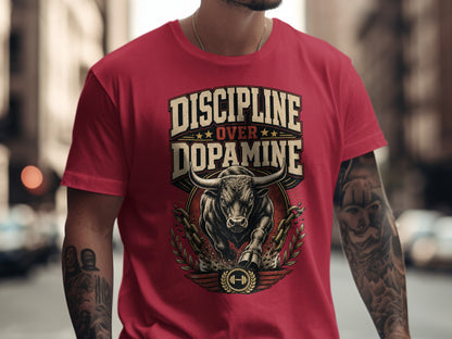 Red t-shirt with "Discipline Over Dopamine" text and a charging bull graphic.